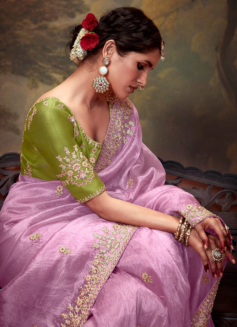 Monjolika Fashion Organza Embroidered Thread Work Mauve Contemporary Saree