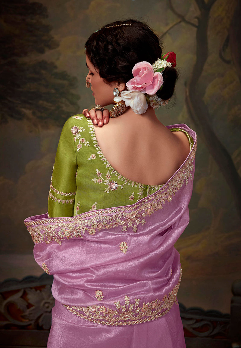 Monjolika Fashion Organza Embroidered Thread Work Mauve Contemporary Saree