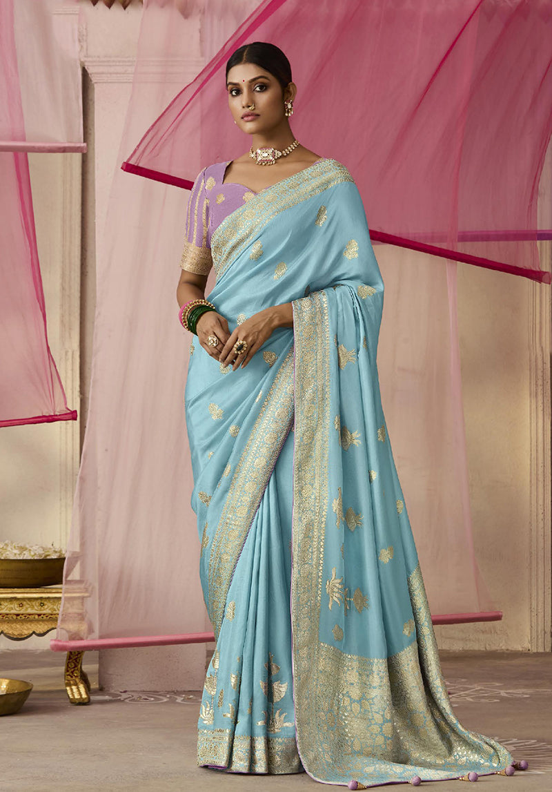 Monjolika Fashion Aqua Blue Weaving Viscose Floral Printed Classic Saree - Distacart