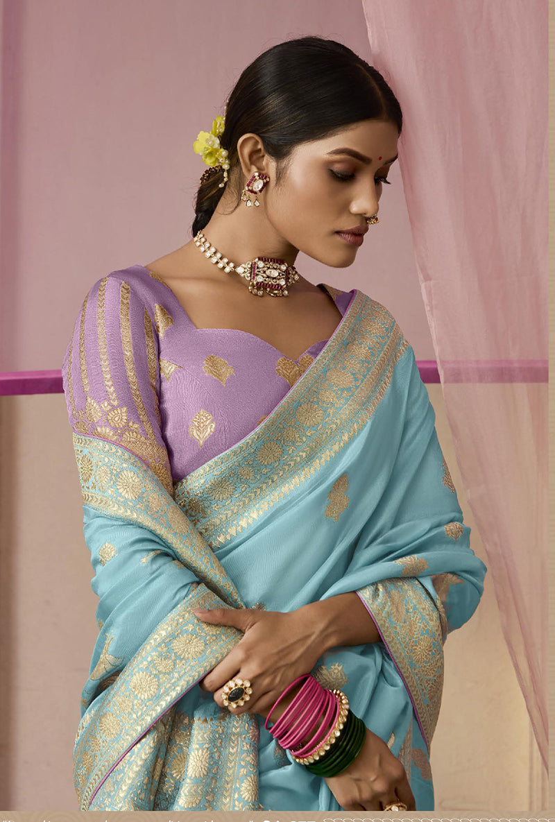 Monjolika Fashion Aqua Blue Weaving Viscose Floral Printed Classic Saree - Distacart