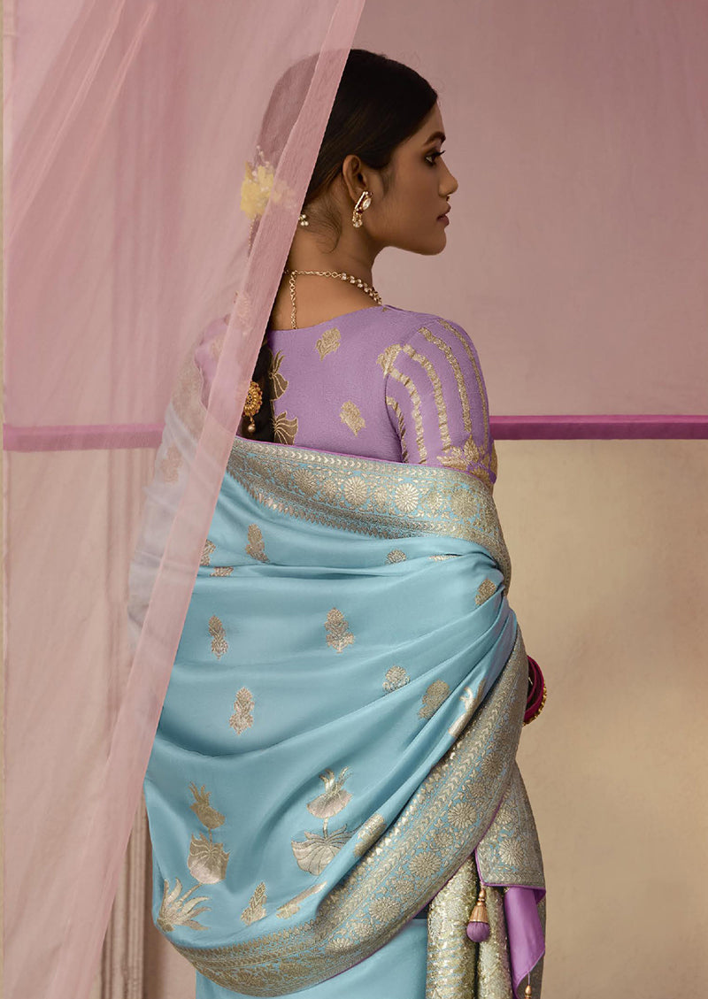 Monjolika Fashion Aqua Blue Weaving Viscose Floral Printed Classic Saree - Distacart