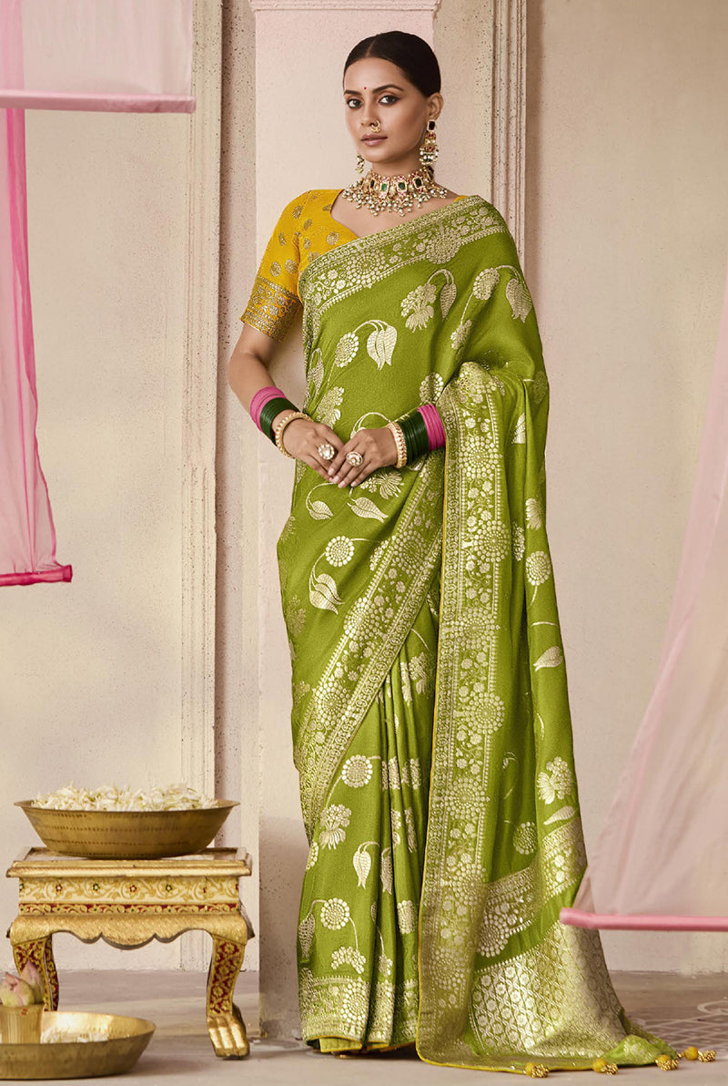 Monjolika Fashion Viscose Weaving Floral Printed Contemporary Saree In Green - Distacart