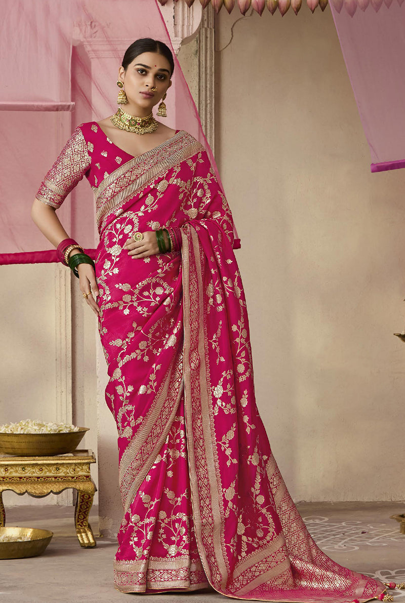 Monjolika Fashion Rani Pink Viscose Weaving Floral Printed Trendy Saree - Distacart
