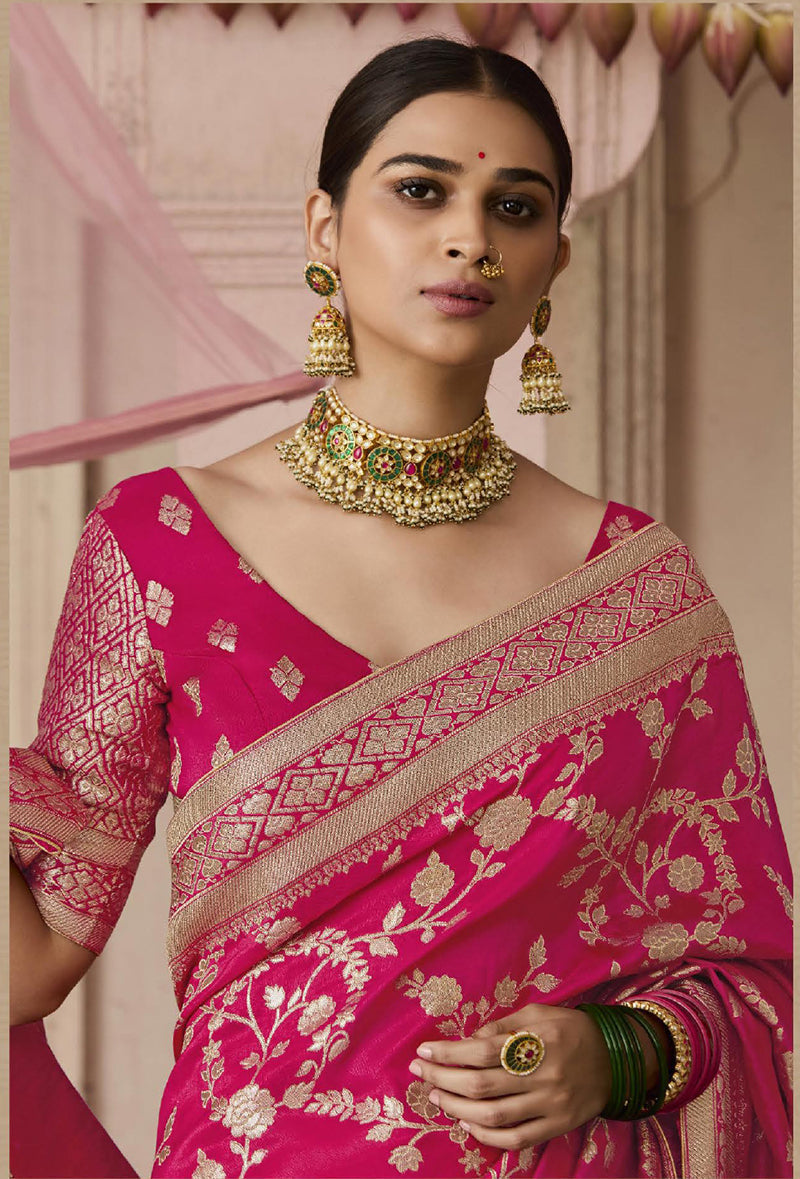 Monjolika Fashion Rani Pink Viscose Weaving Floral Printed Trendy Saree - Distacart