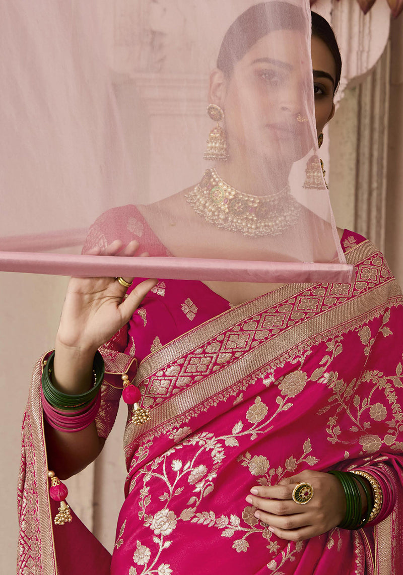 Monjolika Fashion Rani Pink Viscose Weaving Floral Printed Trendy Saree - Distacart