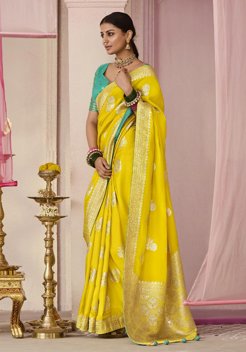 Monjolika Fashion Yellow Weaving Floral Printed Viscose Classic Saree - Distacart