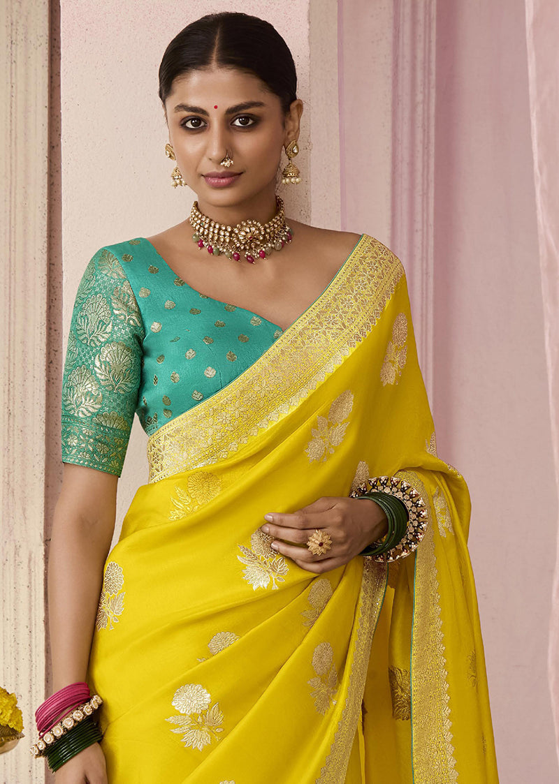 Monjolika Fashion Yellow Weaving Floral Printed Viscose Classic Saree - Distacart