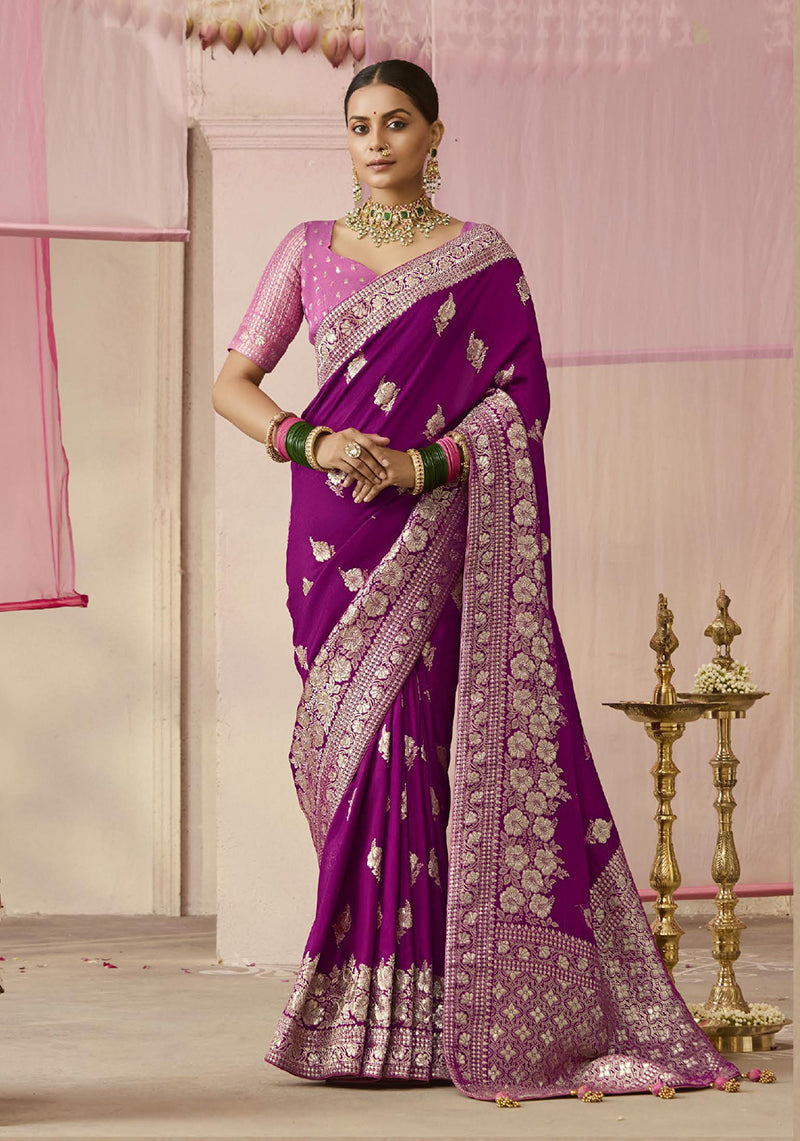 Monjolika Fashion Purple Viscose Weaving Floral Printed Contemporary Saree - Distacart