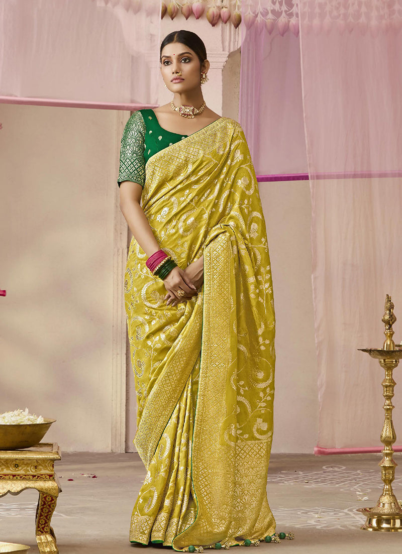 Monjolika Fashion Viscose Light Olive Weaving Floral Printed Trendy Saree - Distacart