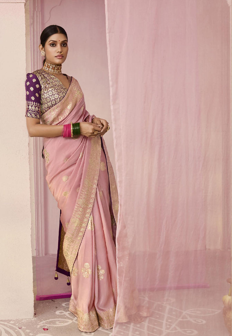 Monjolika Fashion Light Pink Weaving Floral Printed Viscose Designer Saree - Distacart