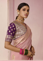 Monjolika Fashion Light Pink Weaving Floral Printed Viscose Designer Saree - Distacart