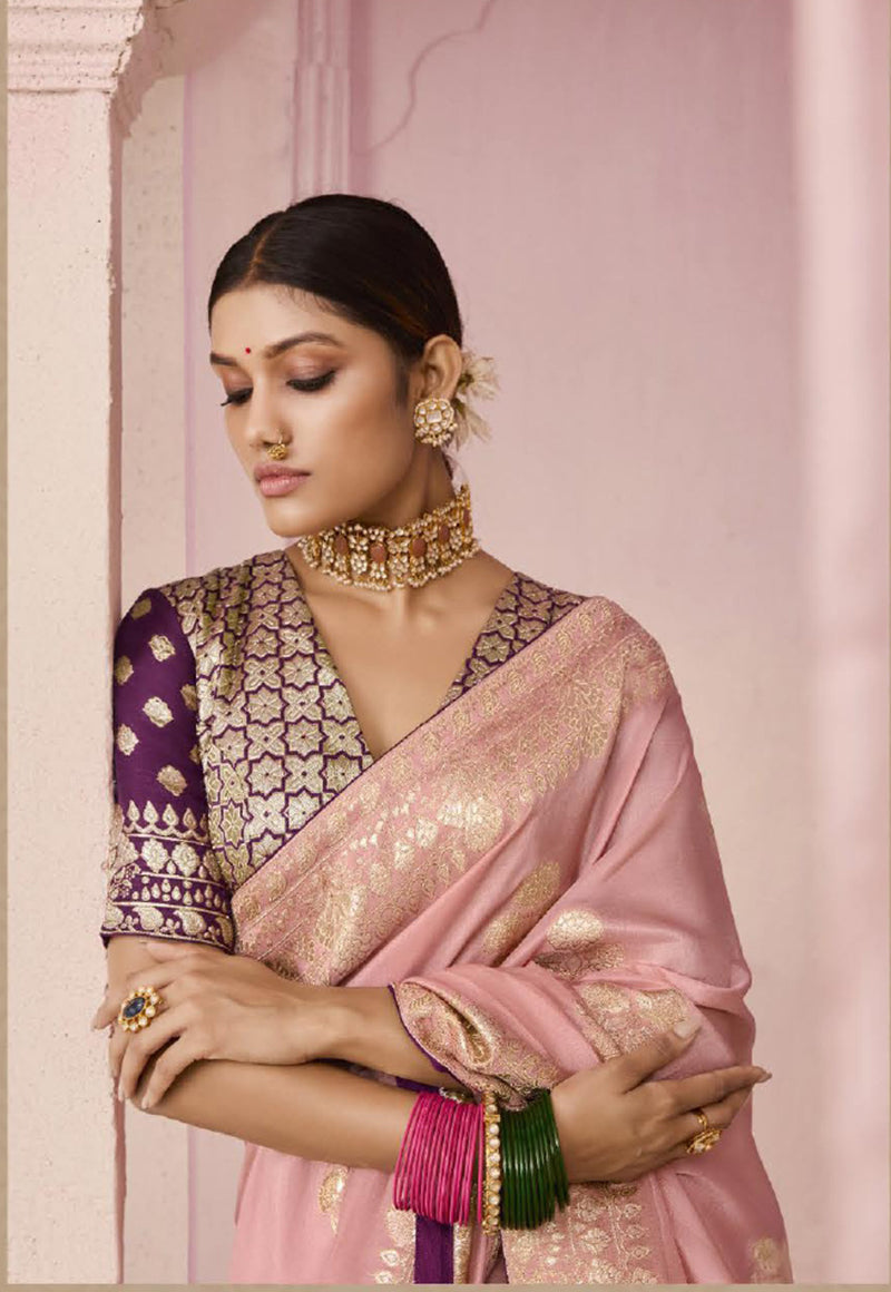 Monjolika Fashion Light Pink Weaving Floral Printed Viscose Designer Saree - Distacart