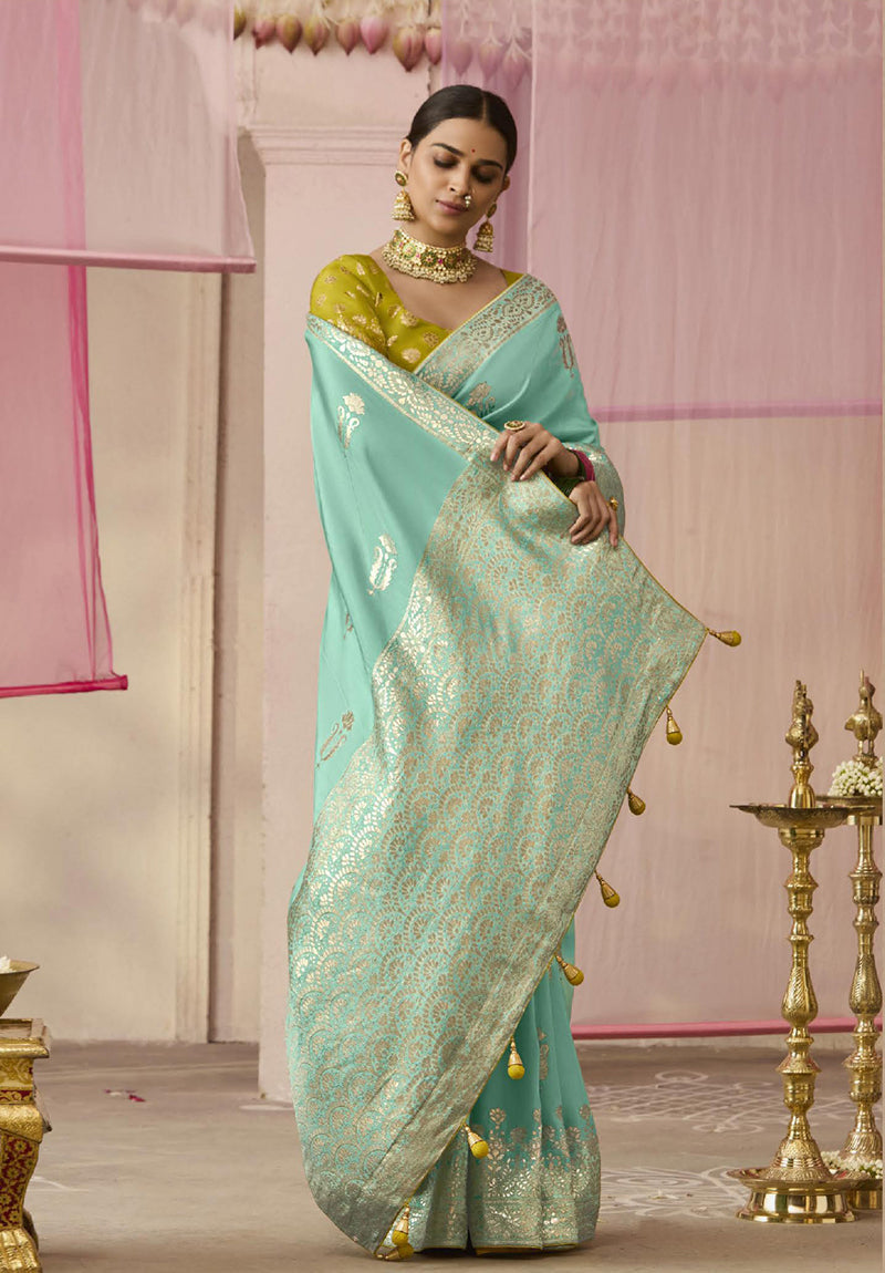 Monjolika Fashion Weaving Floral Printed Viscose Classic Saree In Aqua Blue - Distacart