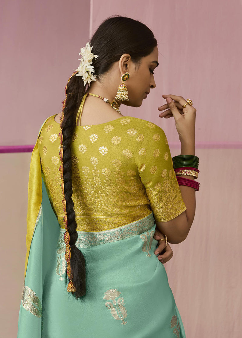 Monjolika Fashion Weaving Floral Printed Viscose Classic Saree In Aqua Blue - Distacart