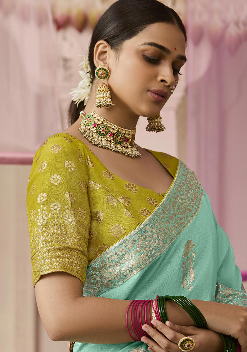 Monjolika Fashion Weaving Floral Printed Viscose Classic Saree In Aqua Blue - Distacart