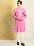 House of Pataudi Men Pure Cotton Self Striped Embroidered Thread Work Jashn Kurta