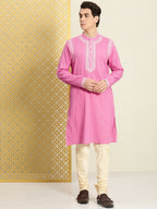 House of Pataudi Men Pure Cotton Self Striped Embroidered Thread Work Jashn Kurta
