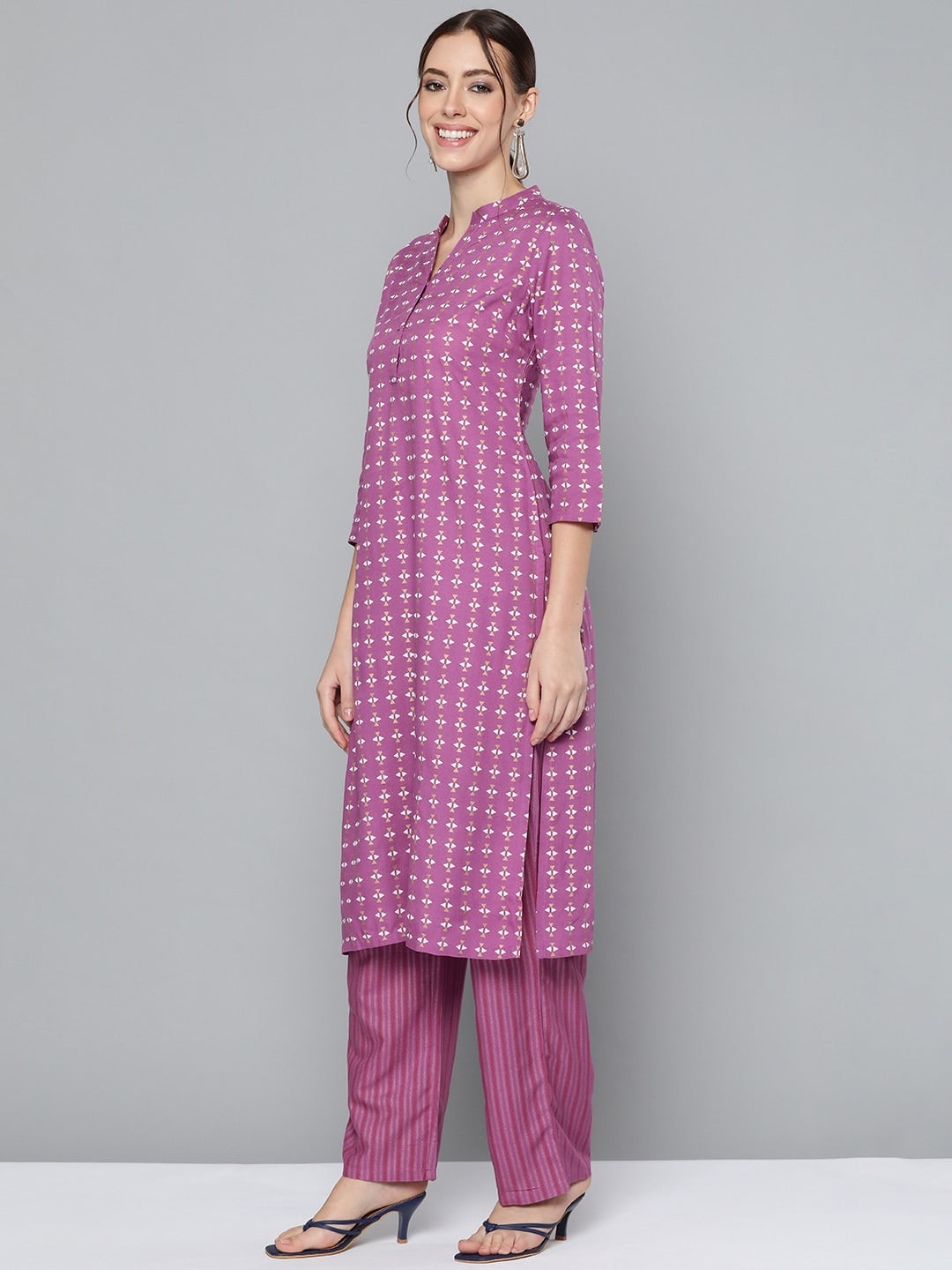 HERE&NOW Women Purple Printed Regular Kurta with Palazzos