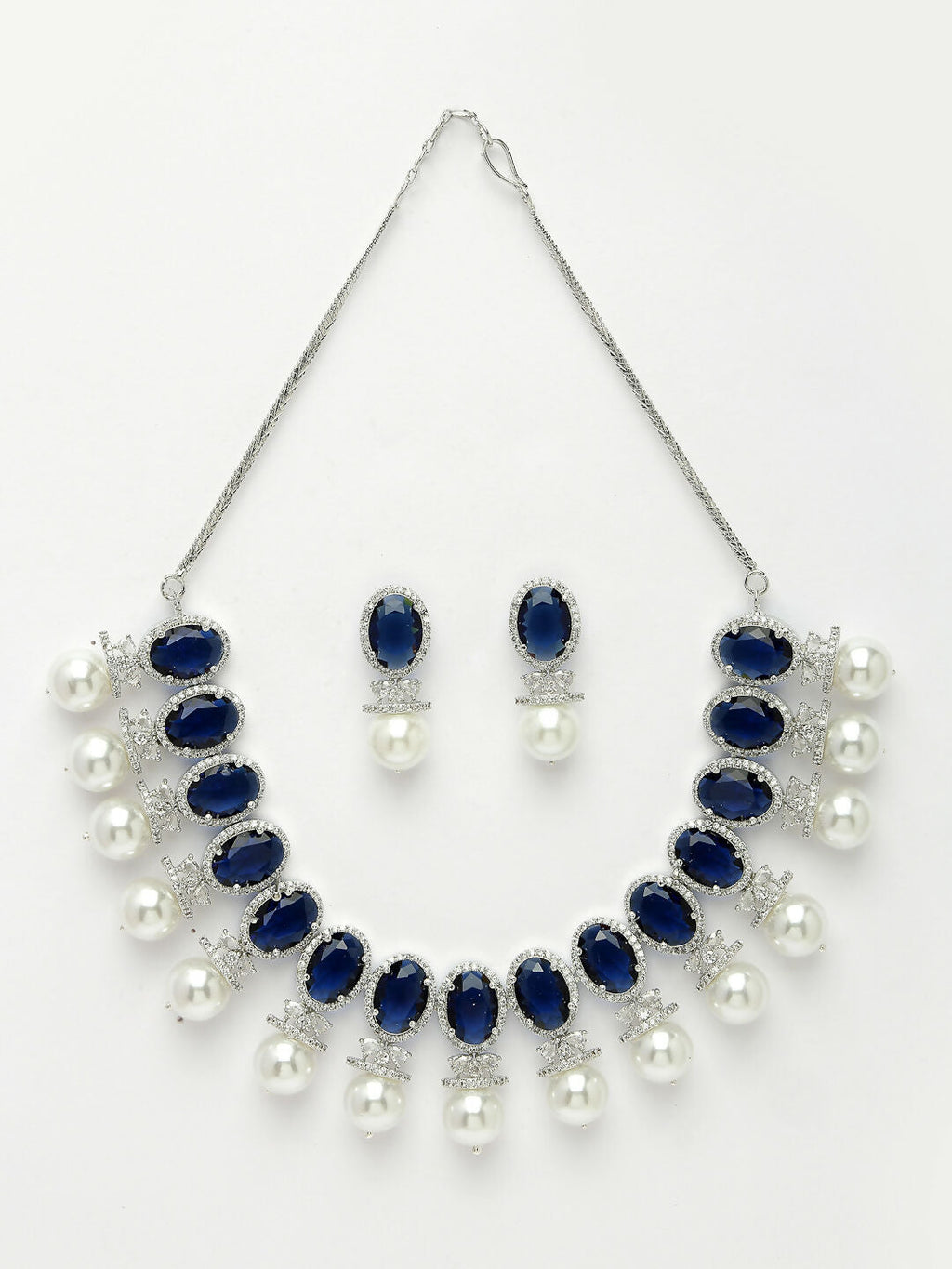 NVR Women's Silver-Plated Blue American Diamond Studded Handcrafted Jewellery Set