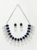 NVR Women's Silver-Plated Blue American Diamond Studded Handcrafted Jewellery Set