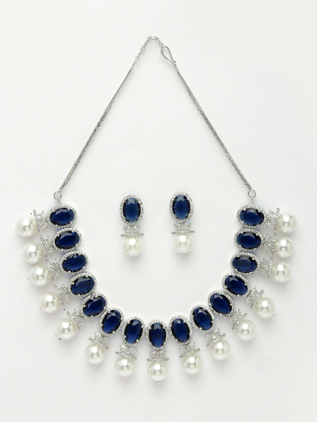 NVR Women's Silver-Plated Blue American Diamond Studded Handcrafted Jewellery Set