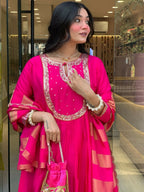 The52 Rani Women's Gorgeous Embroidered Work Chanderi Fabric Flared Kurta Pant and Dupatta Set - Distacart