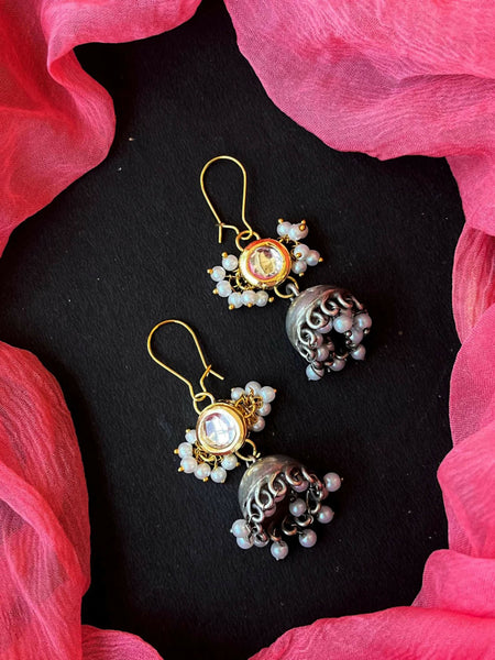 Joban Fashion Women White Kundan Top With Oxidized Jhumki Earring