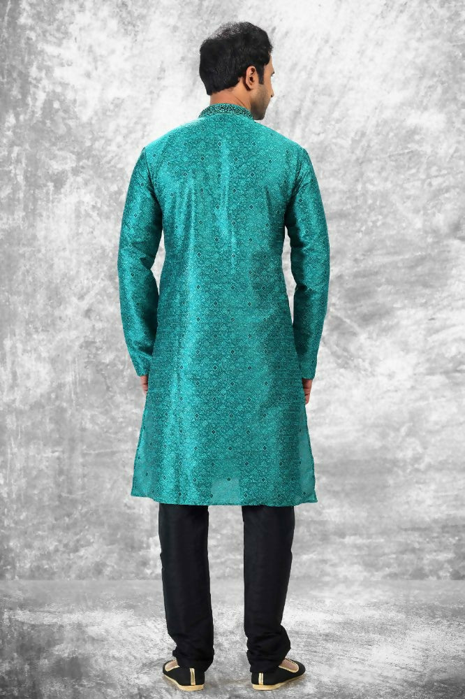 Raivat Ethnic Jacquard Silk Brocade Thread Work Kurta Pajama In Teal Green Colour