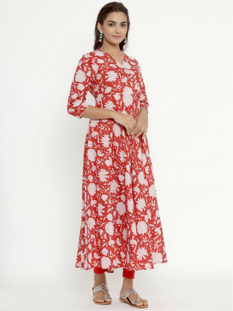 Miravan Women's Cotton Floral Printed Anarkali Kurta