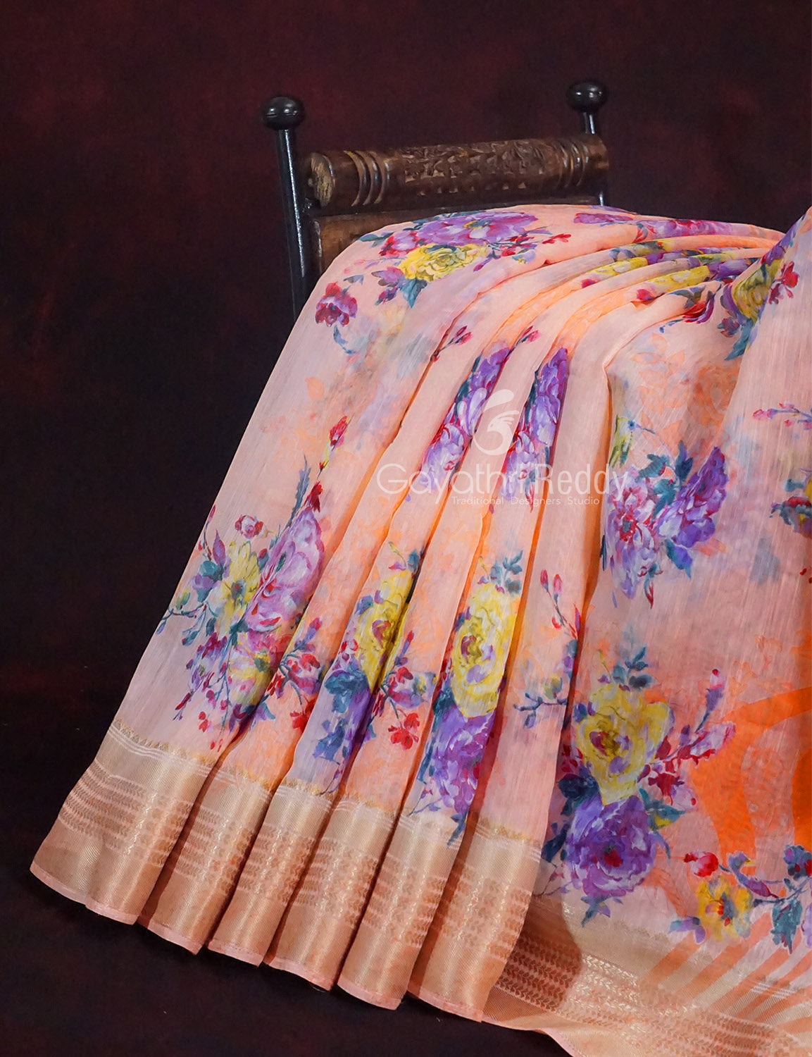 Vibrant Combination of Baby Peach and Orange with Floral Design Semi Chanderi Saree By Gayathri Reddy Designer Studio - Distacart