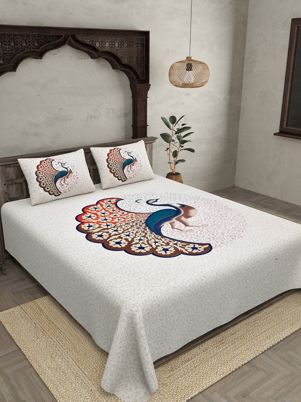 JAIPUR FABRIC Off White & Red Printed 240 TC Cotton King Bedsheet with 2 Pillow Covers - Distacart