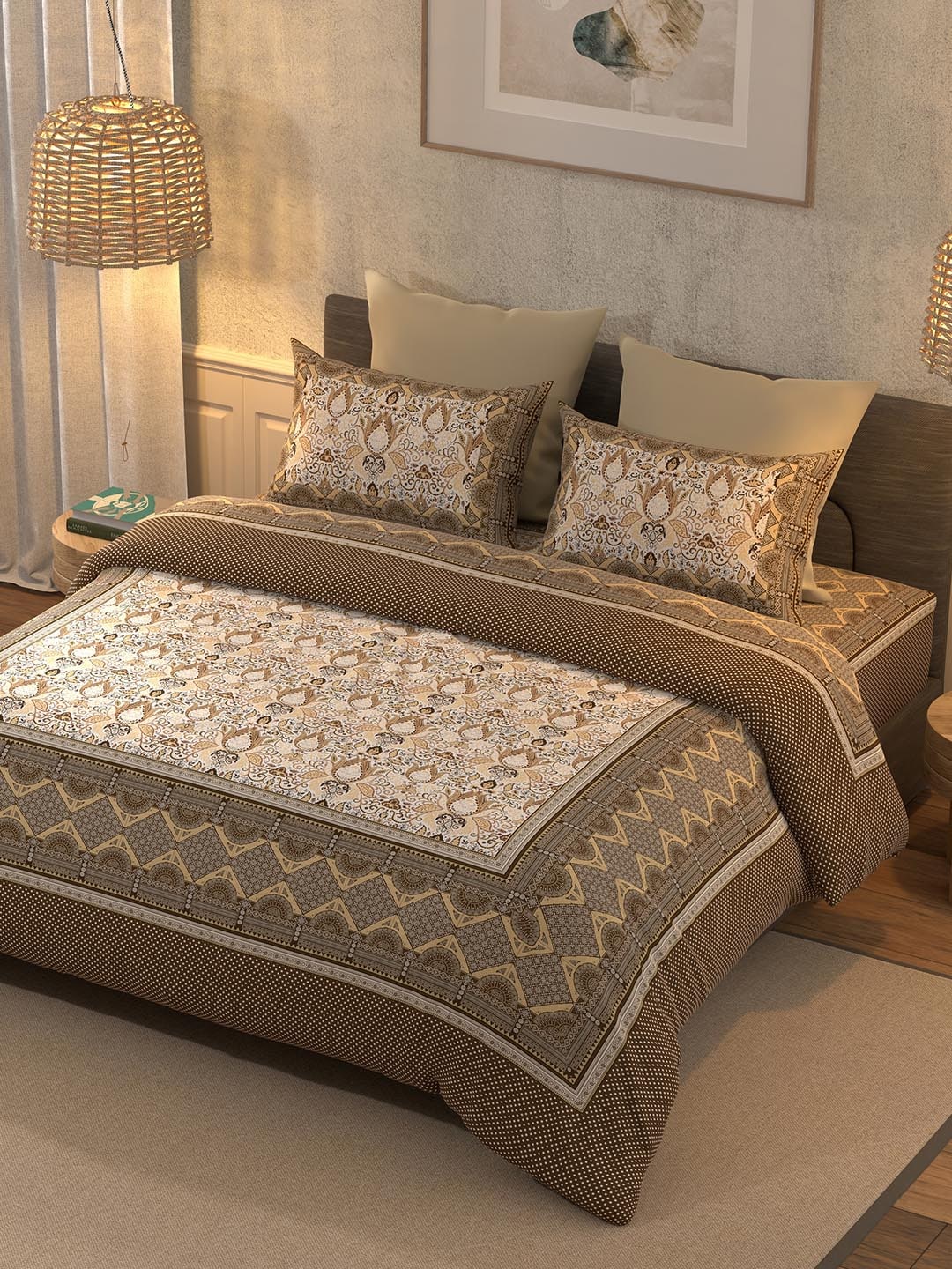 BELLA CASA Brown & Beige Ethnic Motifs Cotton 350 TC King Bedsheet with 2 Pillow Covers