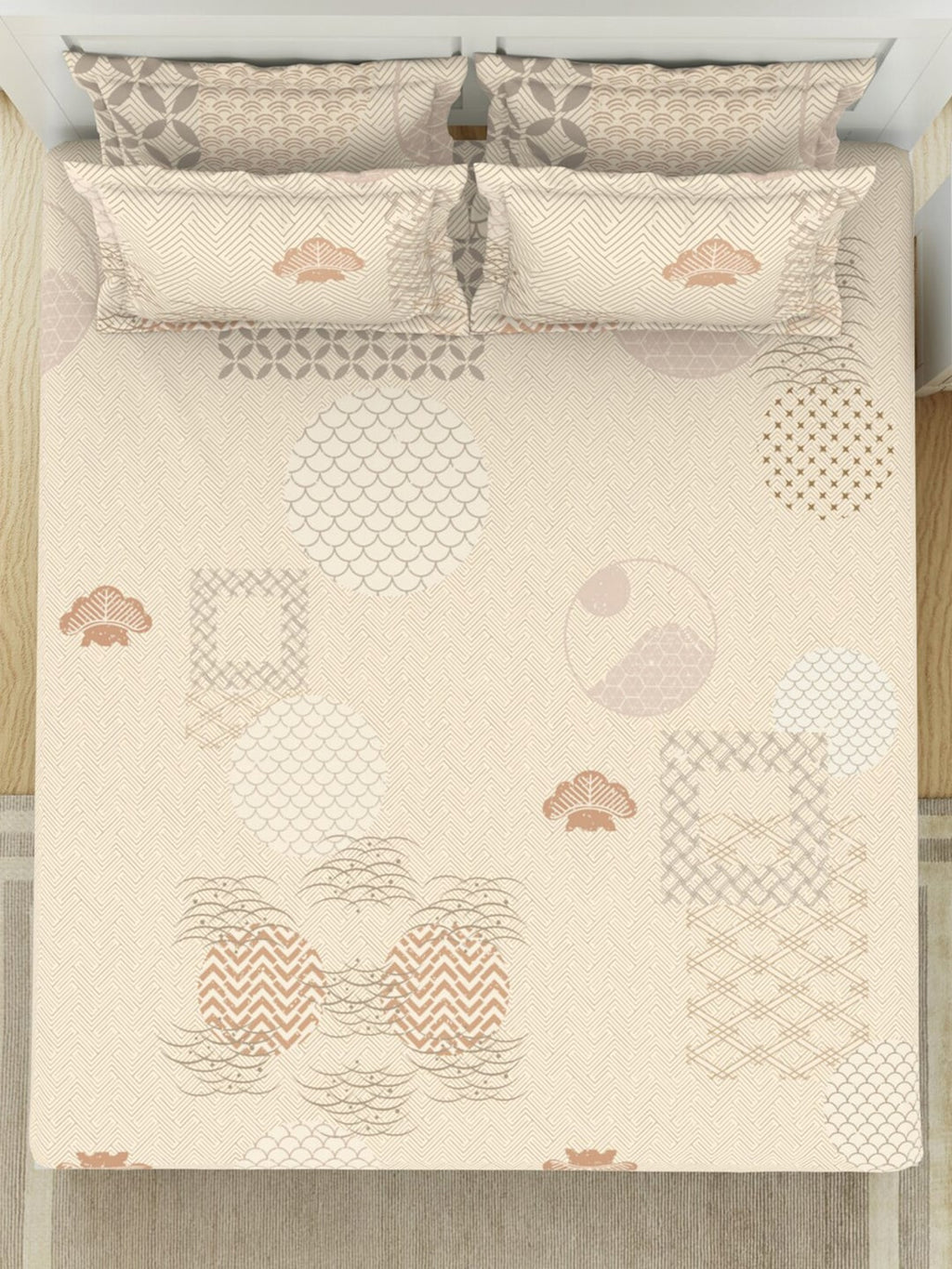 SPACES Pattern Art Cream Printed Egyptian Cotton 350 TC King Bedsheet & 4 Pillow Covers