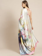 Tikhi Imli White & Pink Digital Floral Print Saree - Distacart