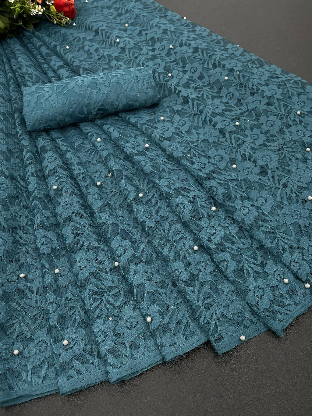 Vamika Rama Green Pearls Net Saree - Distacart