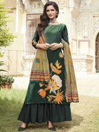 Jyoti Fashion Women's Green Velvet Floral Digital Printed Kurta with Trouser & Dupatta