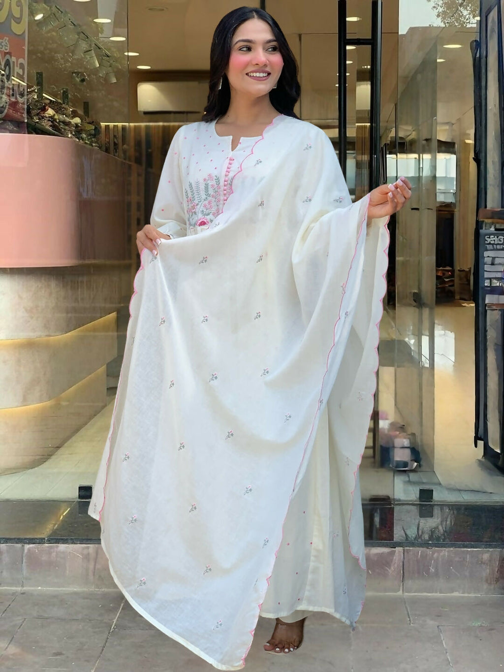 The52 White Women's Beautiful Cotton Fabric Thread Work Straight Kurta Pant and Dupatta Set - Distacart