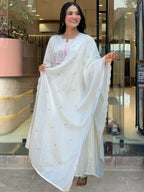 The52 White Women's Beautiful Cotton Fabric Thread Work Straight Kurta Pant and Dupatta Set - Distacart