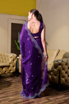 Vastranavya Purple-Blue Embroidery Work Shimmer Chiffon Saree with Unstitched Blouse - Distacart