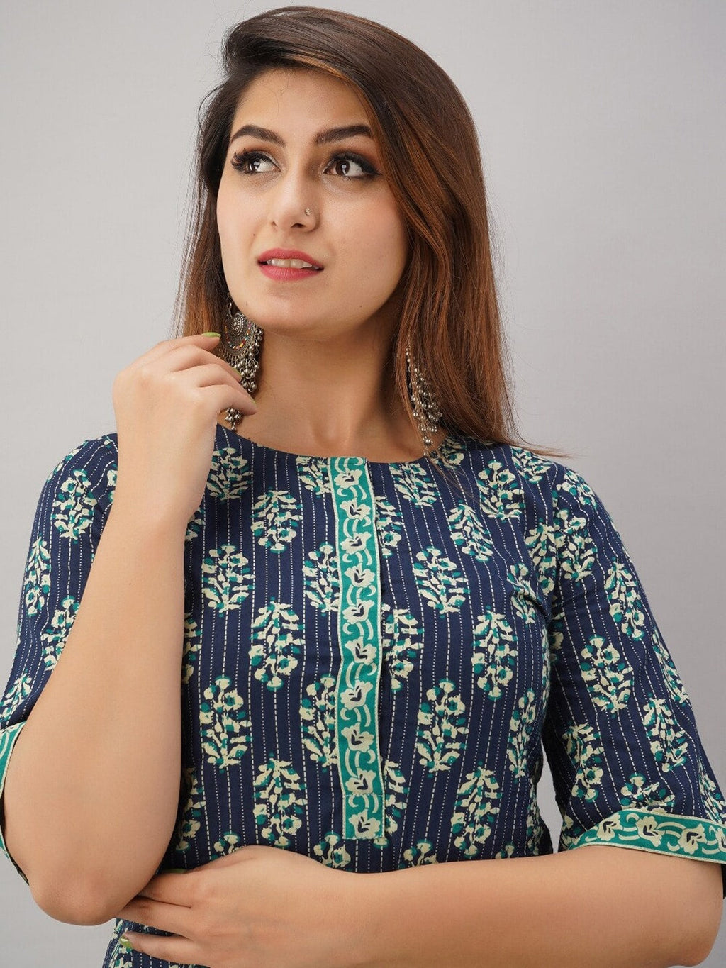 HERE&NOW Turquoise Blue Floral Printed Regular Kurta with Palazzos
