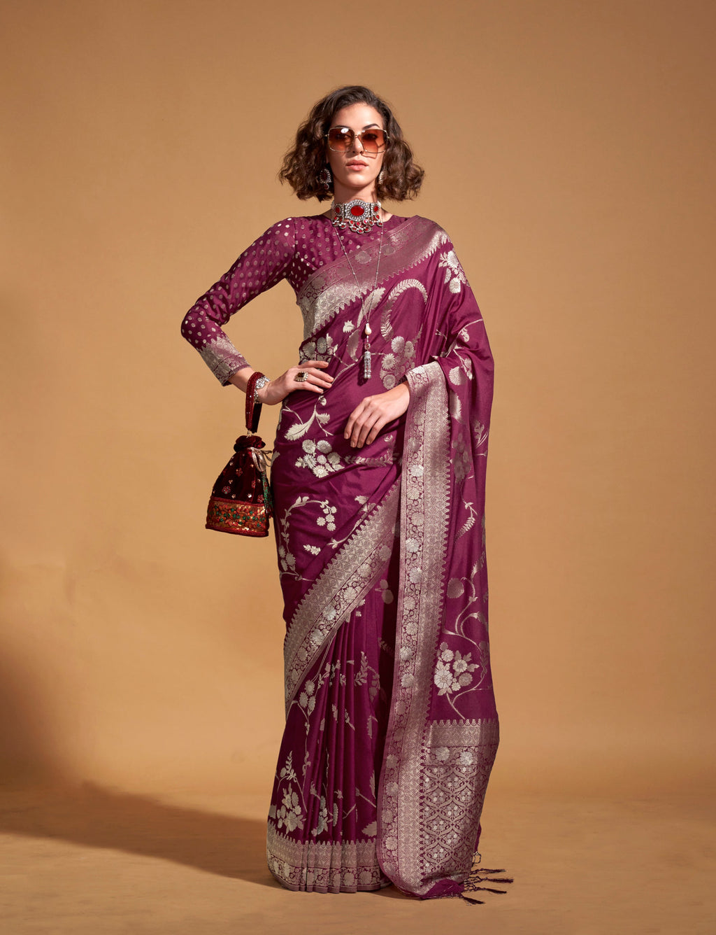 Monjolika Fashion Wine Silk Weaving Designer Traditional Saree - Distacart