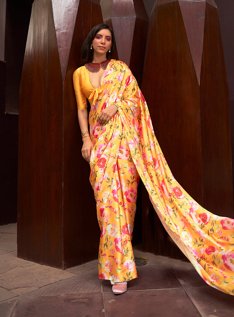Monjolika Fashion Crepe Satin Digital Print Yellow Trendy Saree - Distacart