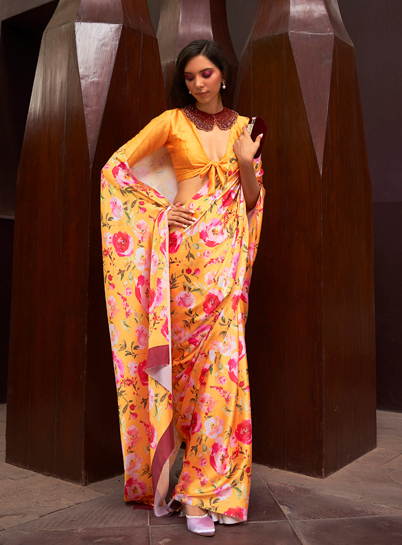 Monjolika Fashion Crepe Satin Digital Print Yellow Trendy Saree - Distacart