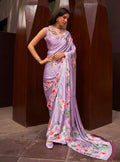 Monjolika Fashion Crepe Satin Digital Print Lavender Trendy Saree