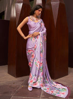 Monjolika Fashion Crepe Satin Digital Print Lavender Trendy Saree