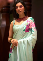 Monjolika Fashion Crepe Satin Digital Print Light Green Trendy Saree