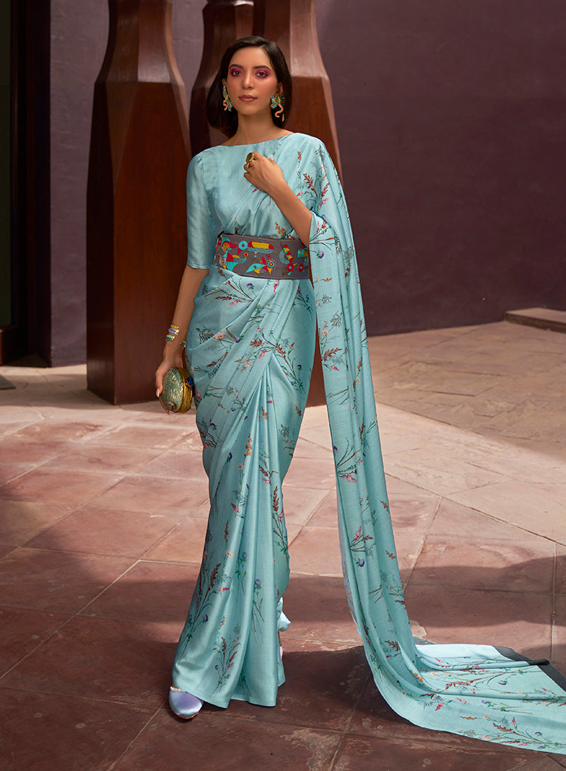 Monjolika Fashion Crepe Satin Digital Print Aqua Blue Trendy Saree - Distacart