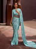 Monjolika Fashion Crepe Satin Digital Print Aqua Blue Trendy Saree - Distacart