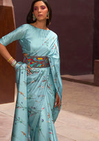 Monjolika Fashion Crepe Satin Digital Print Aqua Blue Trendy Saree - Distacart
