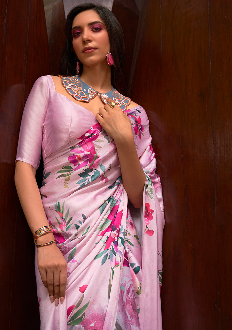 Monjolika Fashion Crepe Satin Digital Print Light Pink Trendy Saree